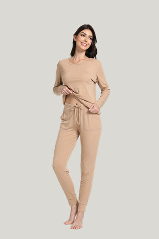 Slim Ladies Knit Long Sleeve Long Pants Bamboo Pajamas Set-2311290111
