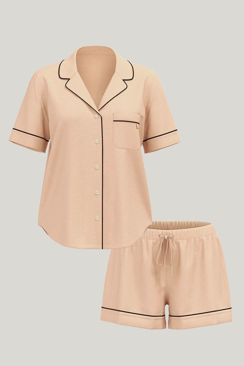 Women'S Piped Short-Sleeved and Short Pajamas, Luxury Bamboo Piped Pajamas Wholesale Manufacturer
