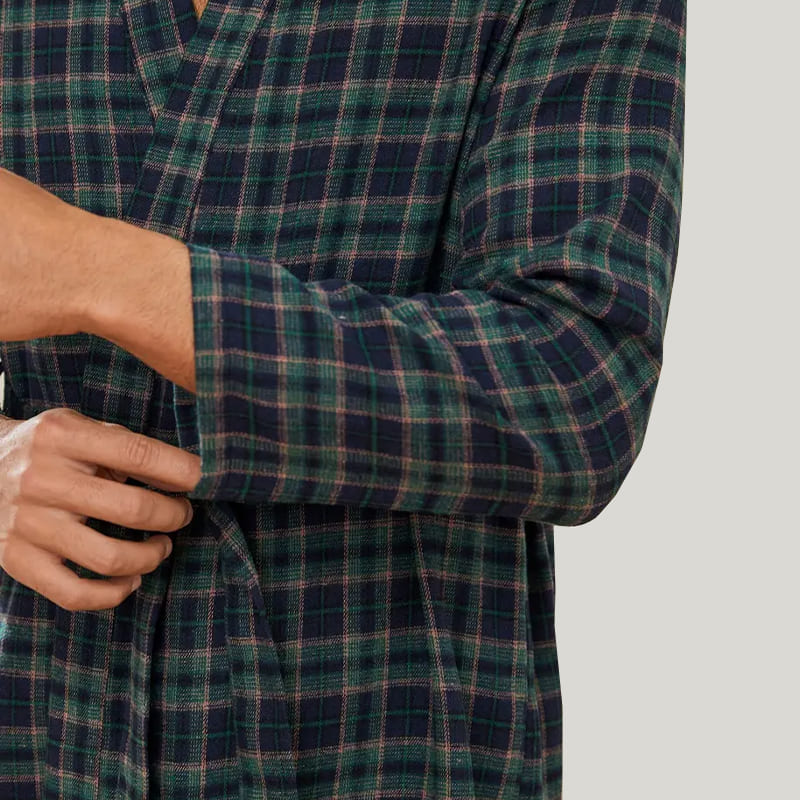 Comfortable And Breathable Men'S Checkered Robe, Classic Sleepwear With Tie Waist