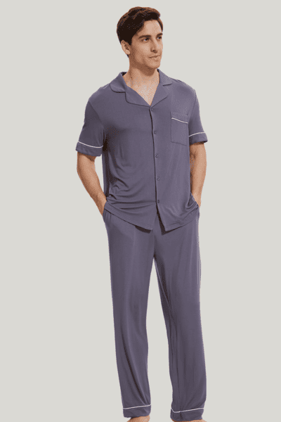 Men'S Bamboo Pj Sets, Short-Sleeved Long Pants Piping Pyjama-2413810120