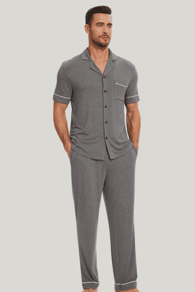 Men'S Bamboo Pj Sets, Short-Sleeved Long Pants Piping Pyjama-2413810120