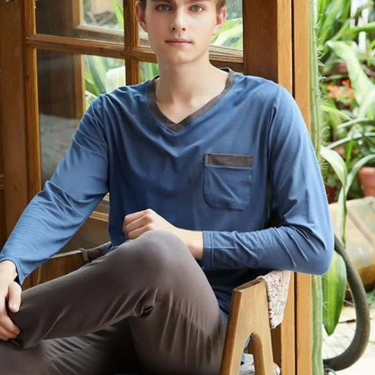 V-Neck Long-Sleeved Men's Bamboo PJ Shirt With Pockets, Bamboo Fiber Pajamas Tops