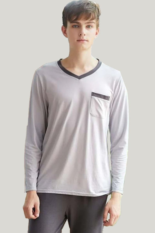V-Neck Long-Sleeved Men's Bamboo PJ Shirt With Pockets, Bamboo Fiber Pajamas Tops