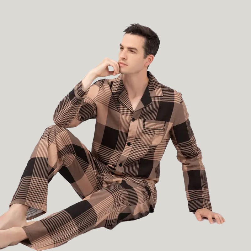 Classic Men'S Checked Cotton PJ Tops, Fine Workmanship Men's Button Down Pajamas With Pockets