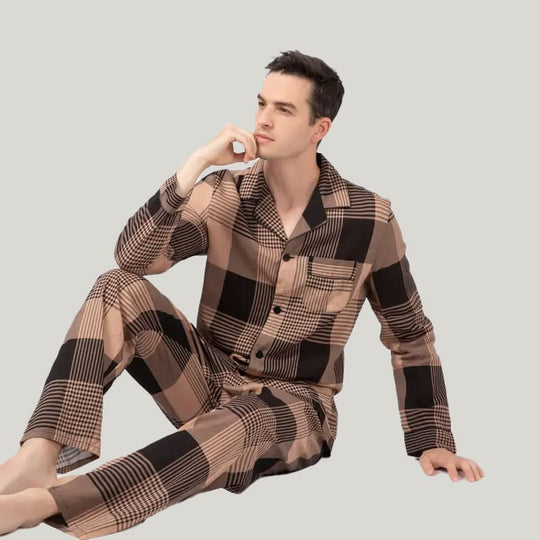 Classic Men'S Checked Cotton PJ Tops, Fine Workmanship Men's Button Down Pajamas With Pockets