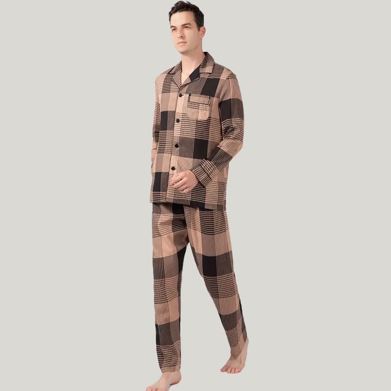 Classic Men'S Checked Cotton PJ Tops, Fine Workmanship Men's Button Down Pajamas With Pockets