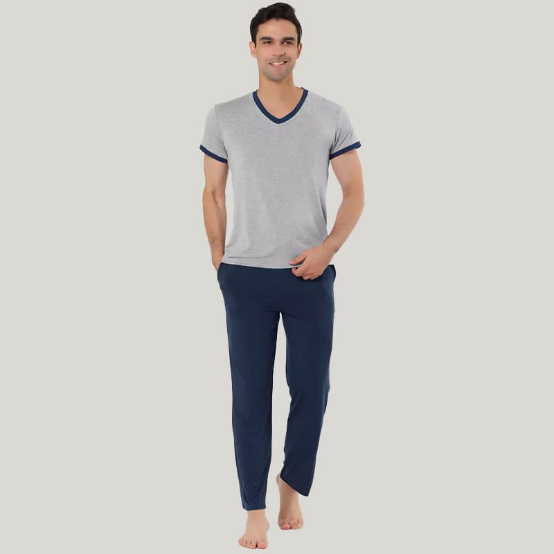 Men'S V-Neck Short-Sleeved PJ Tops, Bamboo Fiber Pajamas Set