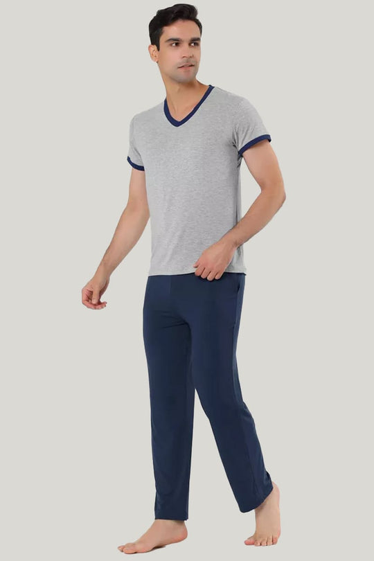 Men'S V-Neck Short-Sleeved PJ Tops, Bamboo Fiber Pajamas Set
