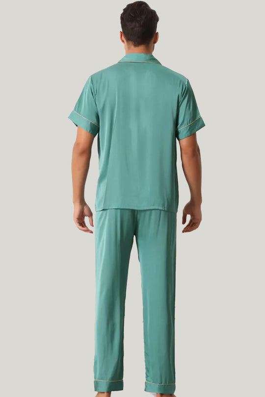 Men'S Short-Sleeved Trousers Piping Pajamas Set, Classic Men'S Satin Sleepwear Set