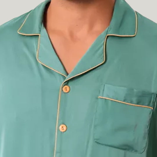 Men'S Short-Sleeved Trousers Piping Pajamas Set, Classic Men'S Satin Sleepwear Set