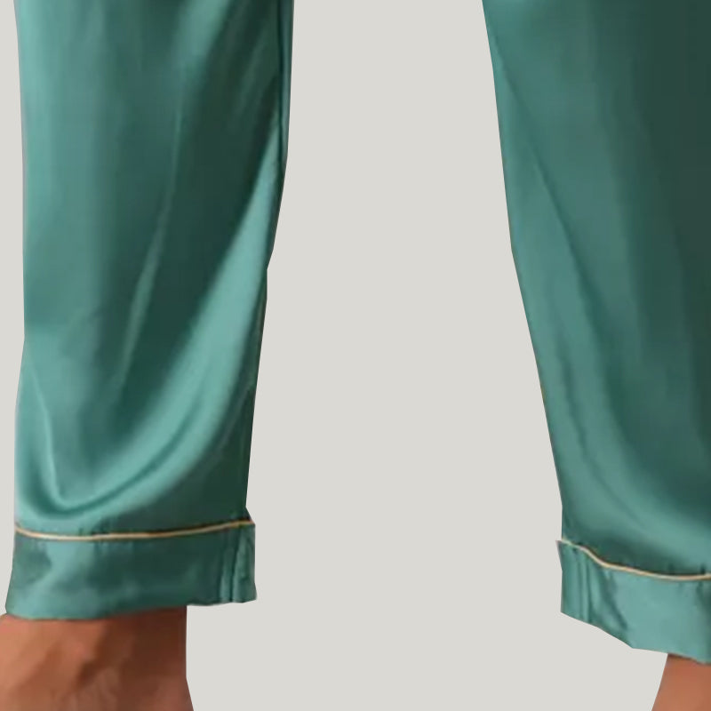 Men'S Short-Sleeved Trousers Piping Pajamas Set, Classic Men'S Satin Sleepwear Set