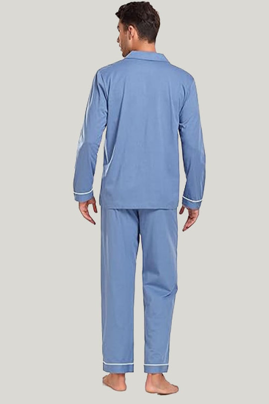 Men's Piped Pajama Sets Blue Long Sleeves Long Trousers With Pockets On The Top And Bottom