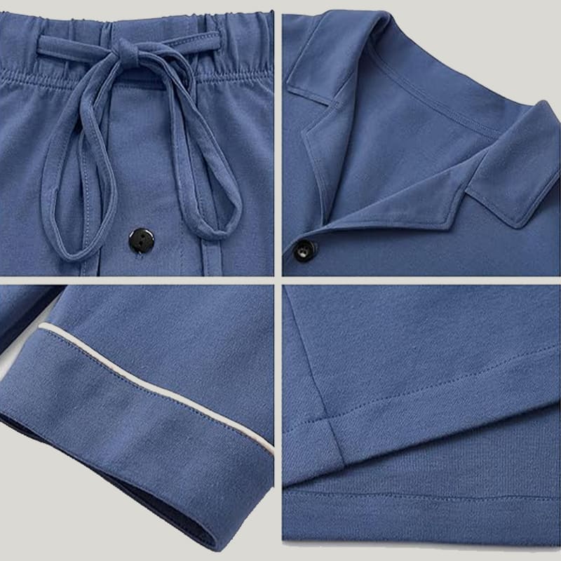 Men's Piped Pajama Sets Blue Long Sleeves Long Trousers With Pockets On The Top And Bottom
