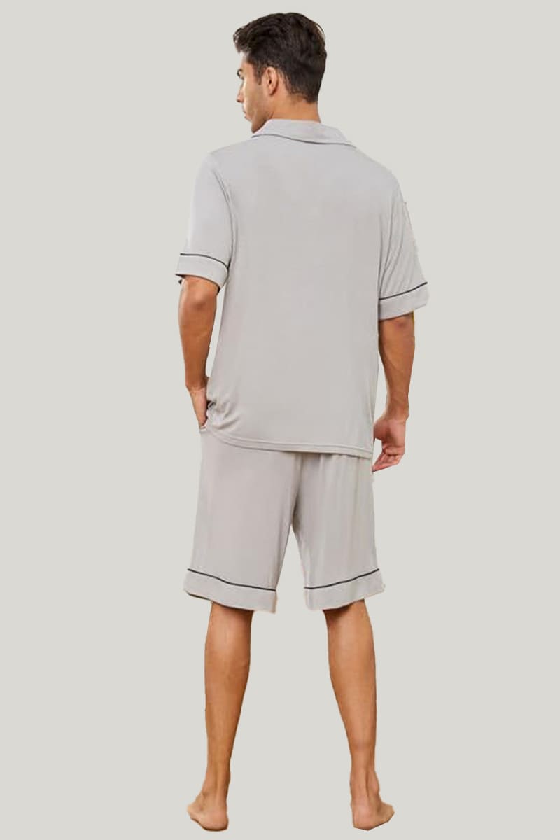 Men's Piped Pajama Sets Light Gray Shorts With Pockets On The Top And Bottom