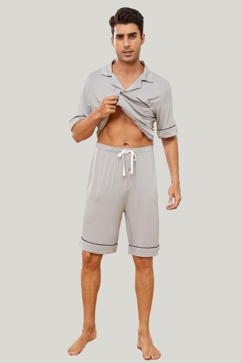 Men's Piped Pajama Sets Light Gray Shorts With Pockets On The Top And Bottom
