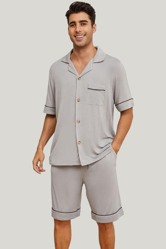 Men's Piped Pajama Sets Light Gray Shorts With Pockets On The Top And Bottom