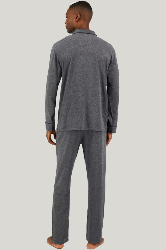 Men's Piped Pajama Sets Linen Gray Long Sleeves Long Trousers