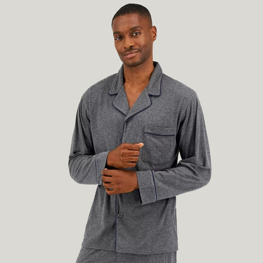Men's Piped Pajama Sets Linen Gray Long Sleeves Long Trousers