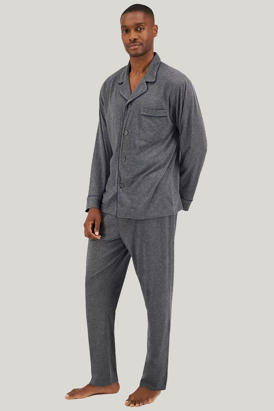 Men's Piped Pajama Sets Linen Gray Long Sleeves Long Trousers
