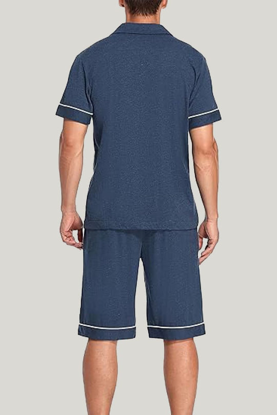 Men's Piping Pajamas Set Dark Blue Shorts With Pockets On The Top And Bottom