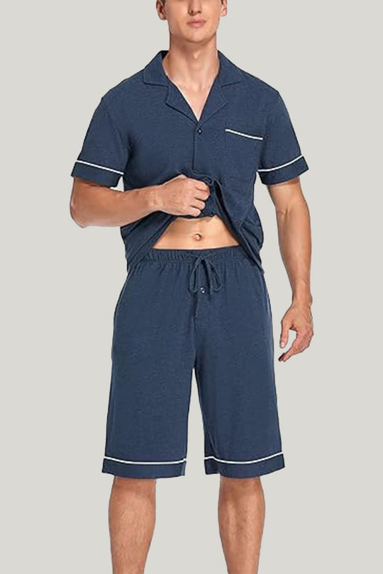 Men's Piping Pajamas Set Dark Blue Shorts With Pockets On The Top And Bottom