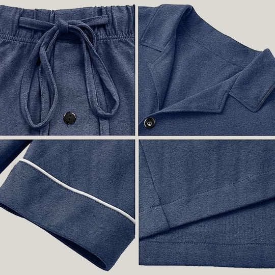 Men's Piping Pajamas Set Dark Blue Shorts With Pockets On The Top And Bottom