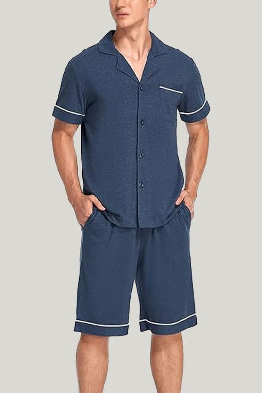 Men's Piping Pajamas Set Dark Blue Shorts With Pockets On The Top And Bottom