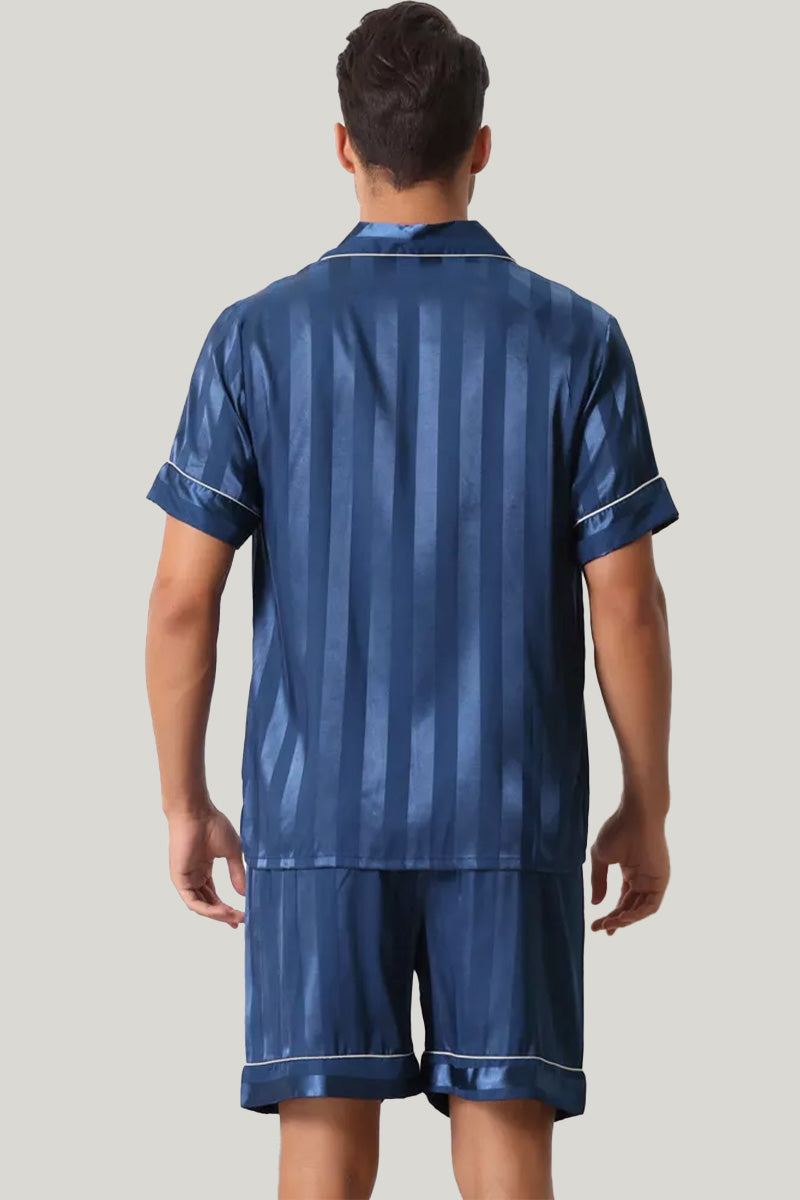 Men'S Short-Sleeved Shorts Satin Pajama Set, Striped Sleepwear Set
