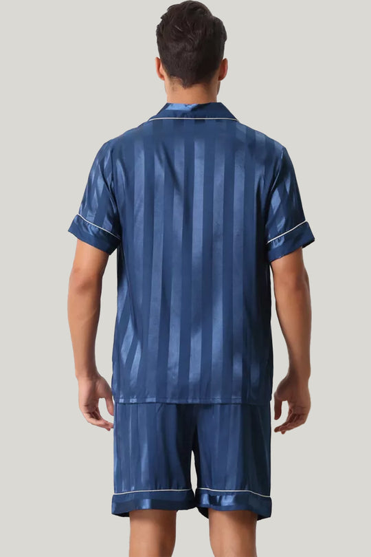 Men'S Short-Sleeved Shorts Satin Pajama Set, Striped Sleepwear Set