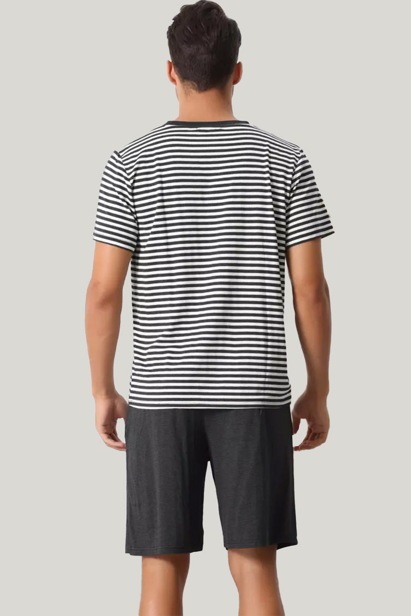 Round-Neck Striped Short-Sleeved Shorts Set, Classic Men'S Sleepwear Set