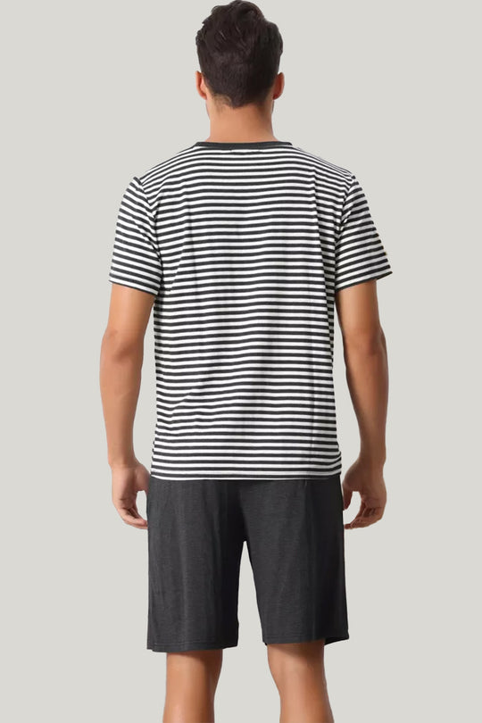 Round-Neck Striped Short-Sleeved Shorts Set, Classic Men'S Sleepwear Set