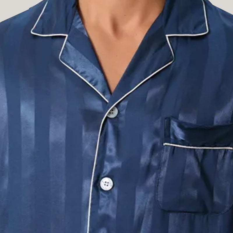 Men'S Short-Sleeved Shorts Satin Pajama Set, Striped Sleepwear Set