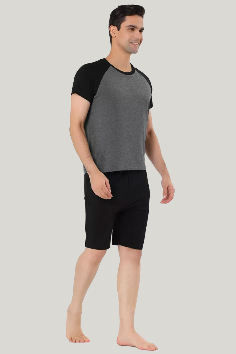 Men'S Short-Sleeved Shorts Round-Neck Pajama Set, Comfortable And Breathable Bamboo Fiber Sleepwear Set