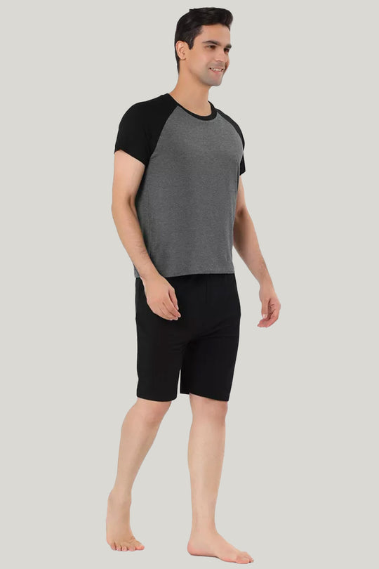 Men'S Short-Sleeved Shorts Round-Neck Pajama Set, Comfortable And Breathable Bamboo Fiber Sleepwear Set