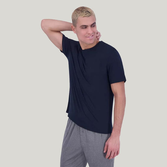 Men'S Short-Sleeved Trousers Pajama Set, Comfortable And Breathable Men'S Bamboo Fiber Sleepwear Set With Drawstrings And Buttons