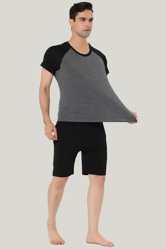 Men'S Short-Sleeved Shorts Round-Neck Pajama Set, Comfortable And Breathable Bamboo Fiber Sleepwear Set