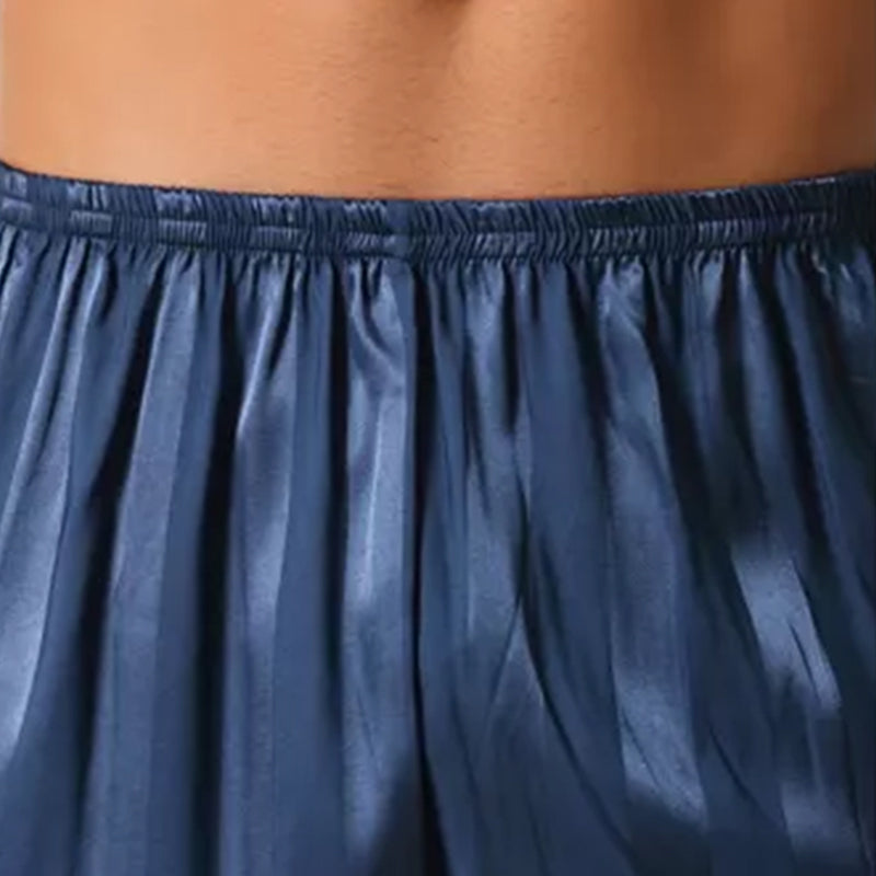 Men'S Short-Sleeved Shorts Satin Pajama Set, Striped Sleepwear Set