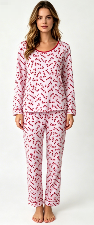 Private Label Christmas Candy Cane Print Pajama Set Manufacturer