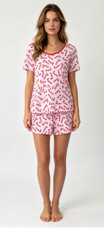 Private Label Christmas Candy Cane Print Pajama Set Manufacturer
