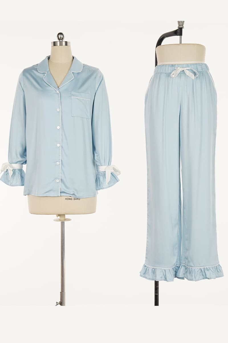 Private Label Ruffle Bamboo Satin Long-Sleeve Pajama Set Factory