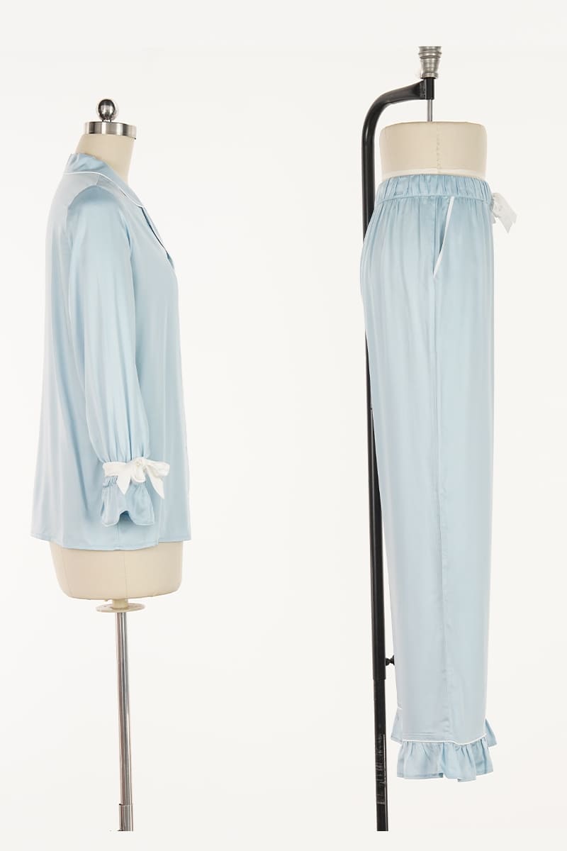 Private Label Ruffle Bamboo Satin Long-Sleeve Pajama Set Factory-2517190209