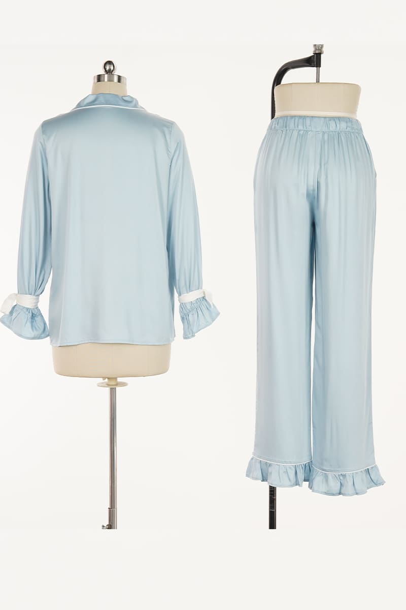 Private Label Ruffle Bamboo Satin Long-Sleeve Pajama Set Factory-2517190209