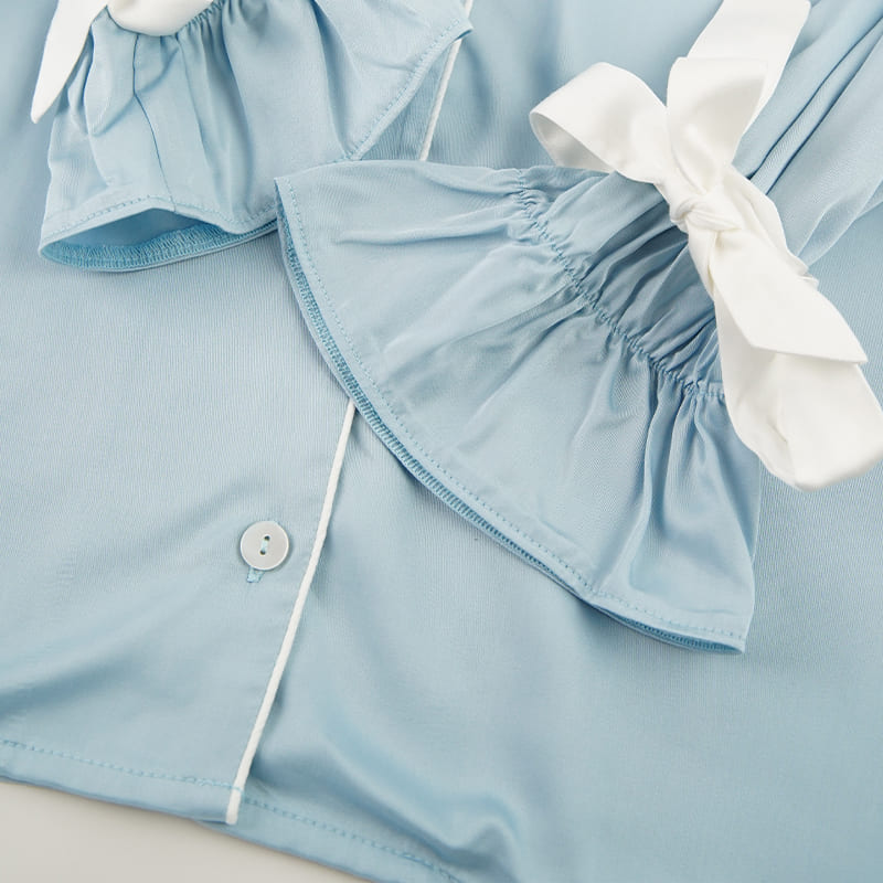 Private Label Ruffle Bamboo Satin Long-Sleeve Pajama Set Factory-2517190209