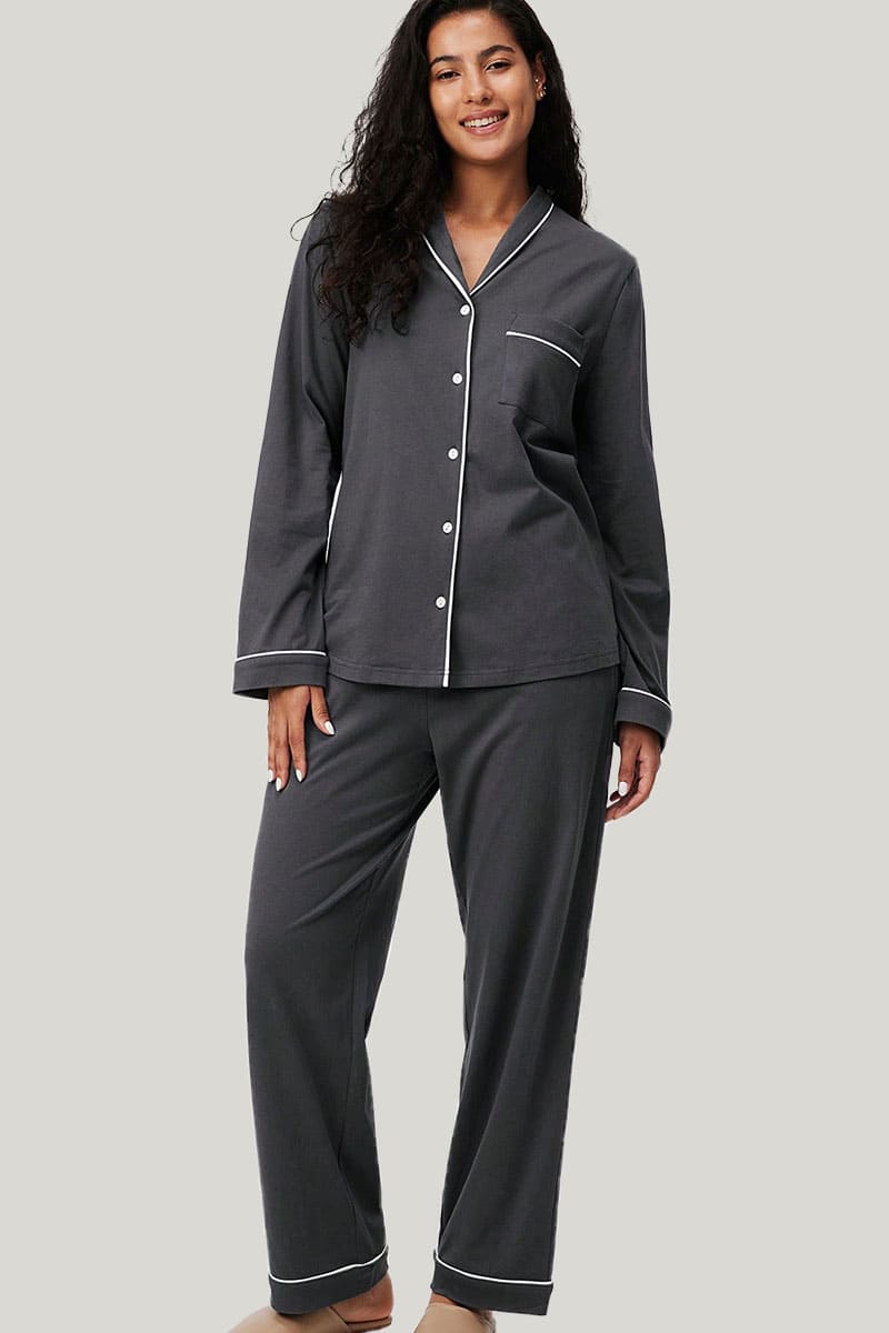 Private Label Women'S Grey Bamboo Piping Pj Sets