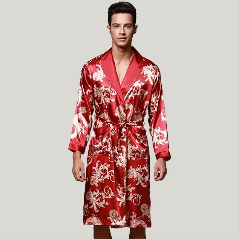 Men'S Satin Robe, High Quality Lace up Sleepwear With Pockets and Dragon Pattern