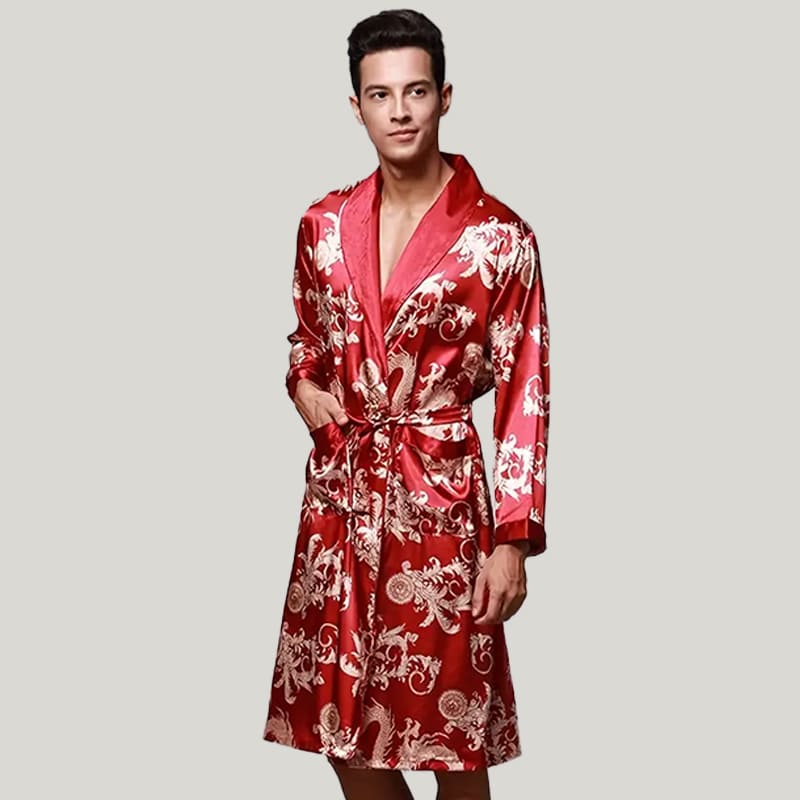 Men'S Satin Robe, High Quality Lace up Sleepwear With Pockets and Dragon Pattern