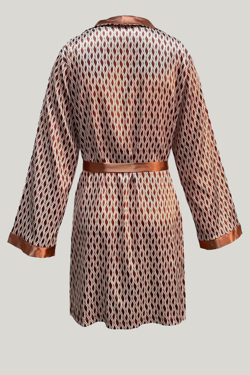 V-Neck Satin Men'S Long-Sleeved Bathrobe, Comfortable And Breathable Sleepwear With Geometric Patterns