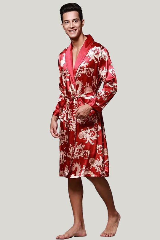 Men'S Satin Robe, High Quality Lace up Sleepwear With Pockets and Dragon Pattern