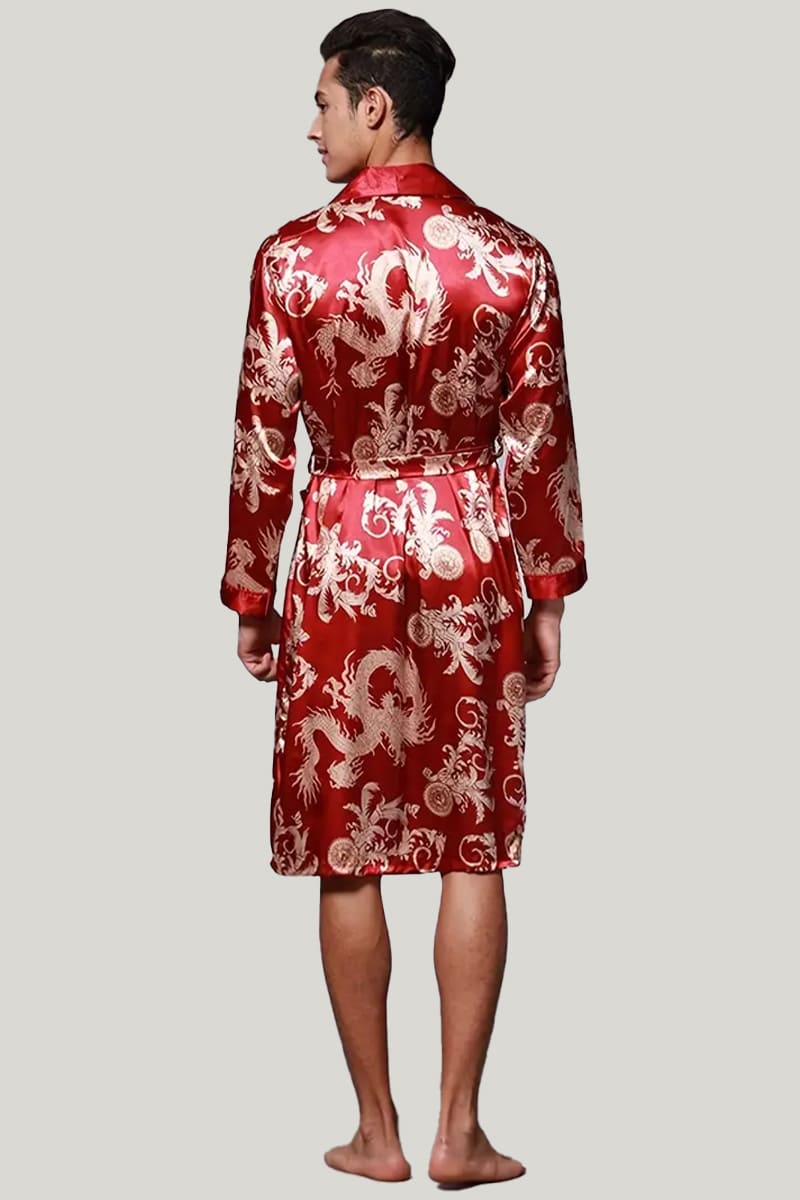 Men'S Satin Robe, High Quality Lace up Sleepwear With Pockets and Dragon Pattern