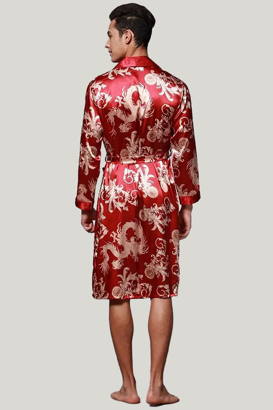 Men'S Satin Robe, High Quality Lace up Sleepwear With Pockets and Dragon Pattern